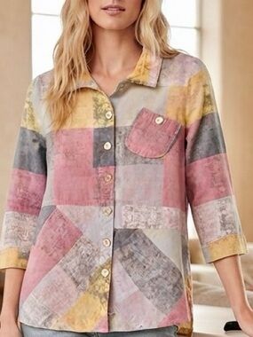 John Mark Pastel Patchwork Button-Front Shirt in Pink, Yellow, Gray